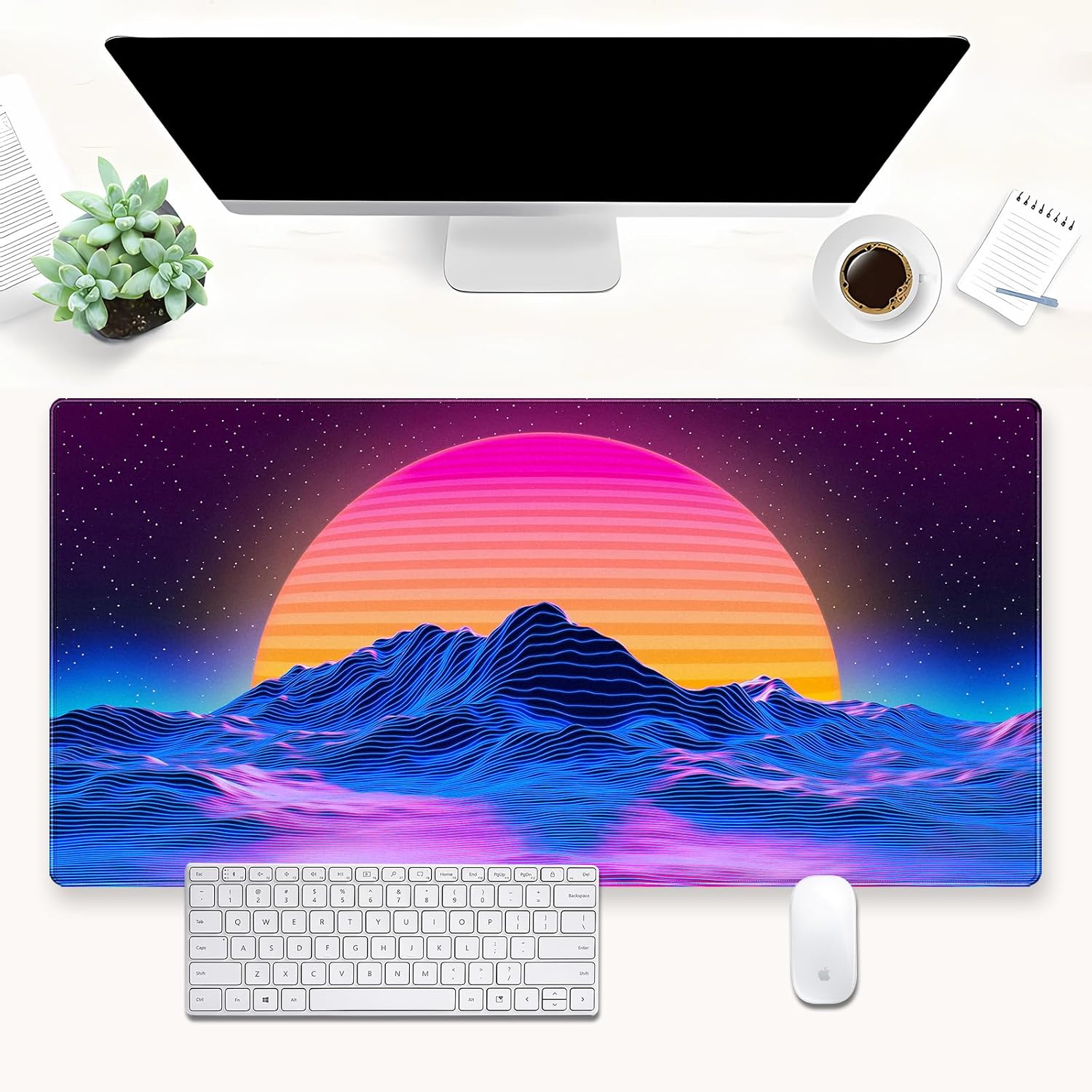Retro Gaming Desk - Retro Synthwave Mountain Sun bureaumat, neon